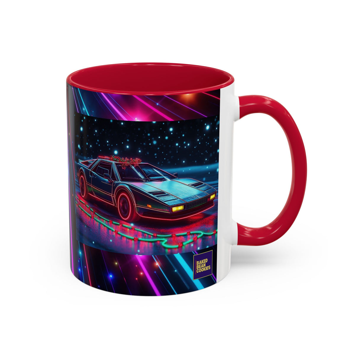 Christmas Retro Neon Sports Car Mug — 11oz/15oz Vaporwave Coffee Cup