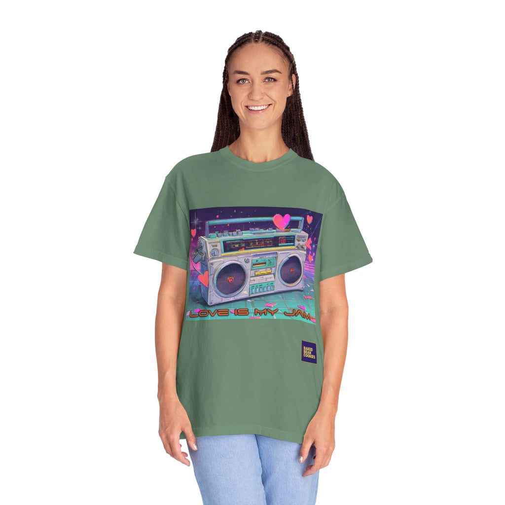 Boombox "Love is My Jam" T-Shirt — Retro Cassette Radio Graphic Tee