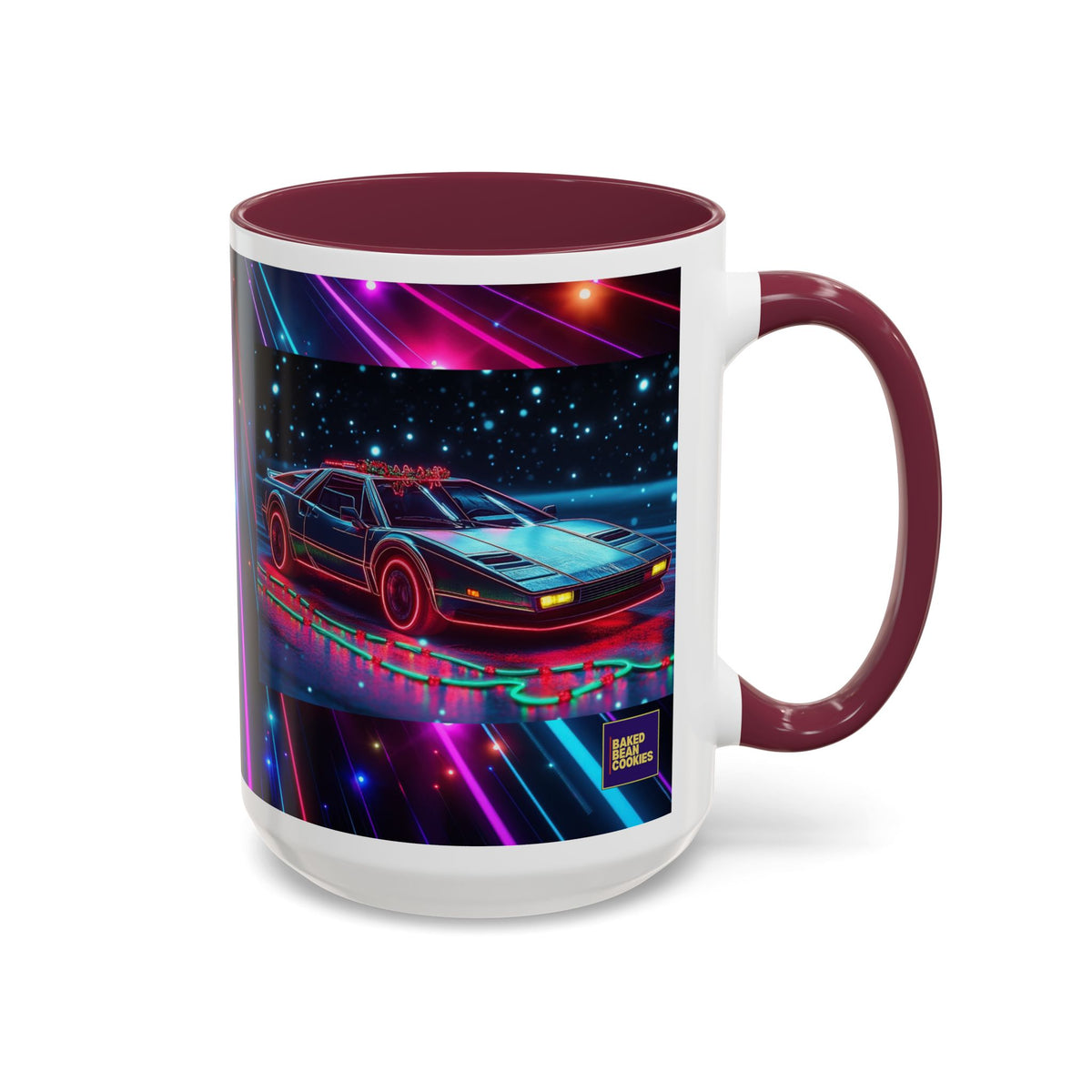 Christmas Retro Neon Sports Car Mug — 11oz/15oz Vaporwave Coffee Cup