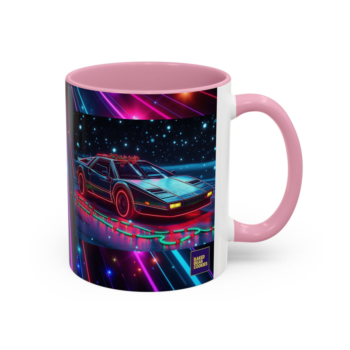 Christmas Retro Neon Sports Car Mug — 11oz/15oz Vaporwave Coffee Cup