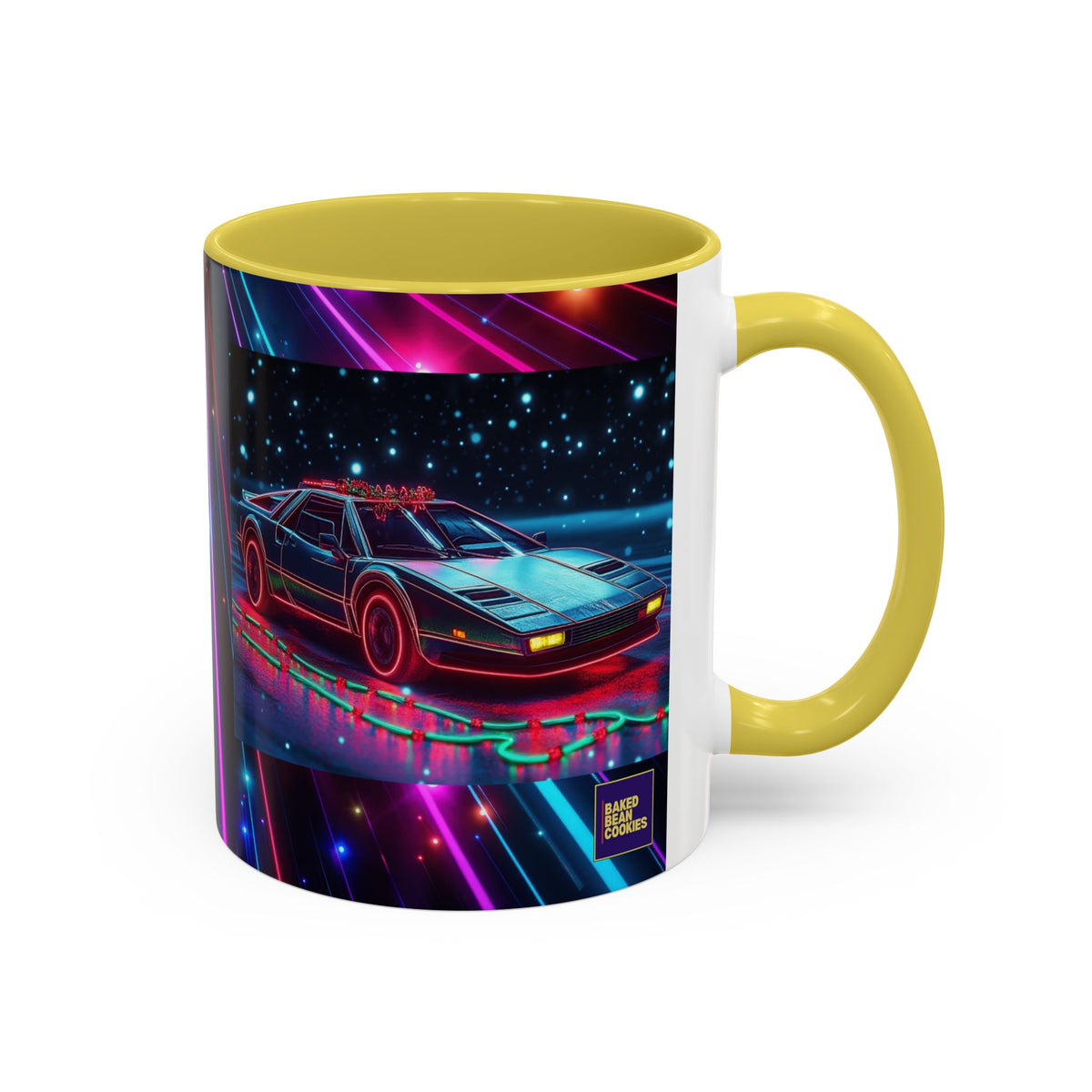 Christmas Retro Neon Sports Car Mug — 11oz/15oz Vaporwave Coffee Cup