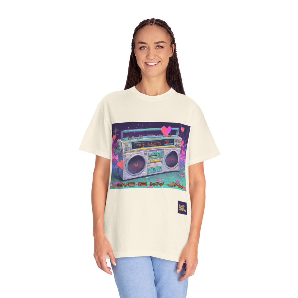Boombox "Love is My Jam" T-Shirt — Retro Cassette Radio Graphic Tee