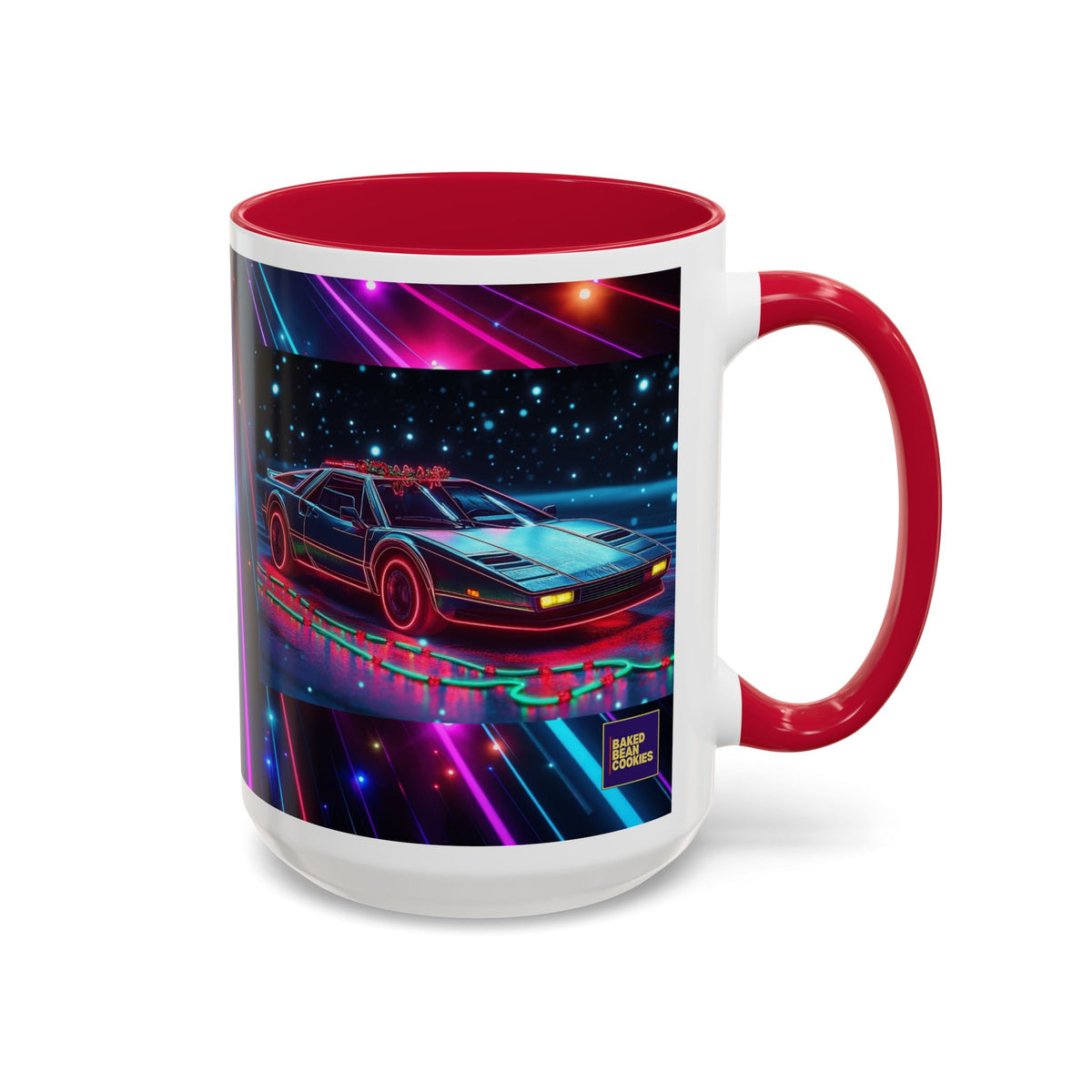 Christmas Retro Neon Sports Car Mug — 11oz/15oz Vaporwave Coffee Cup