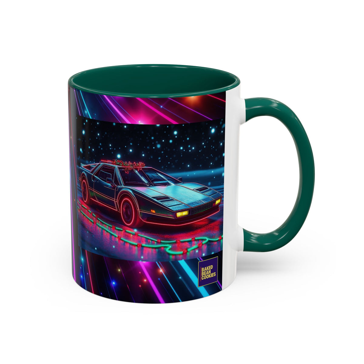 Christmas Retro Neon Sports Car Mug — 11oz/15oz Vaporwave Coffee Cup