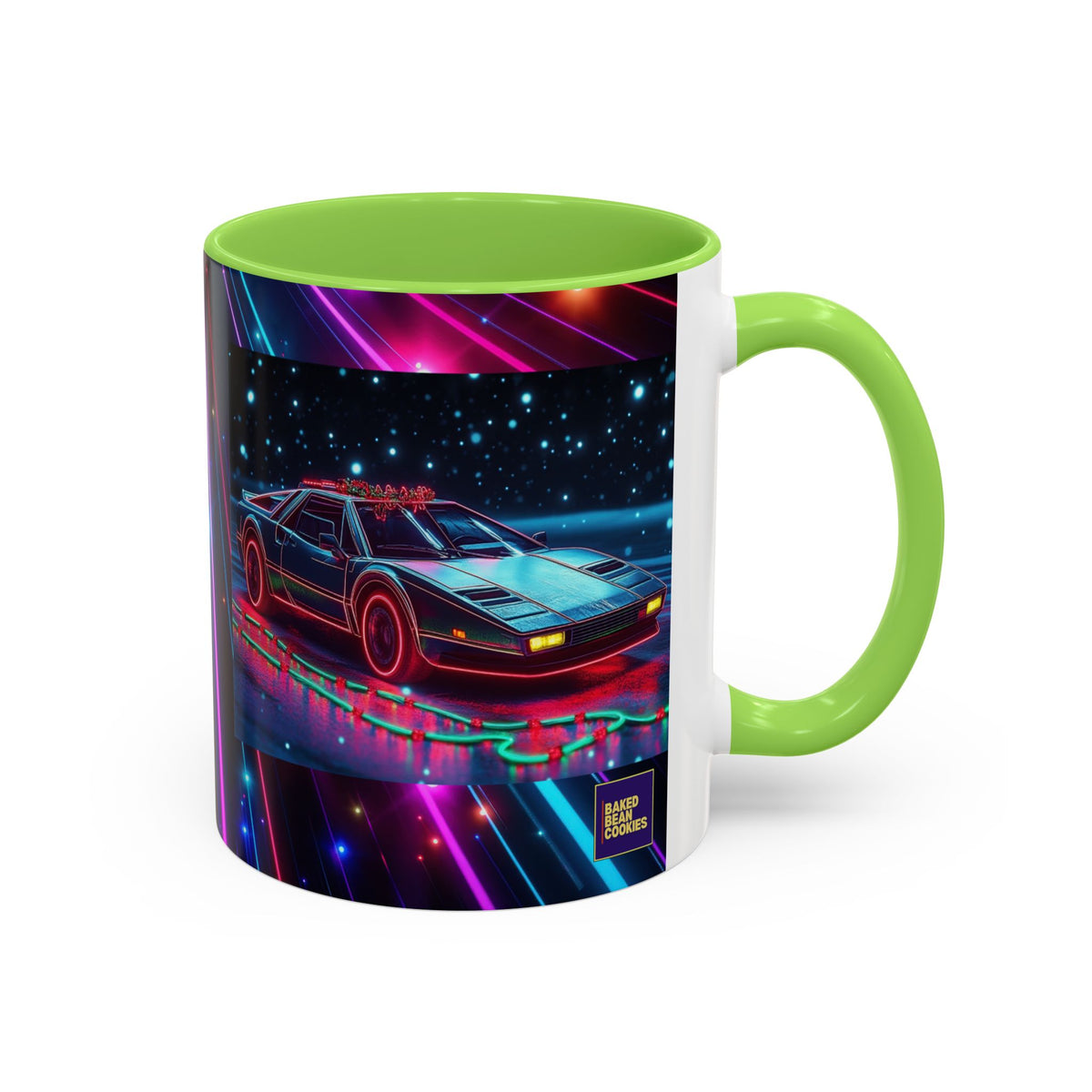 Christmas Retro Neon Sports Car Mug — 11oz/15oz Vaporwave Coffee Cup