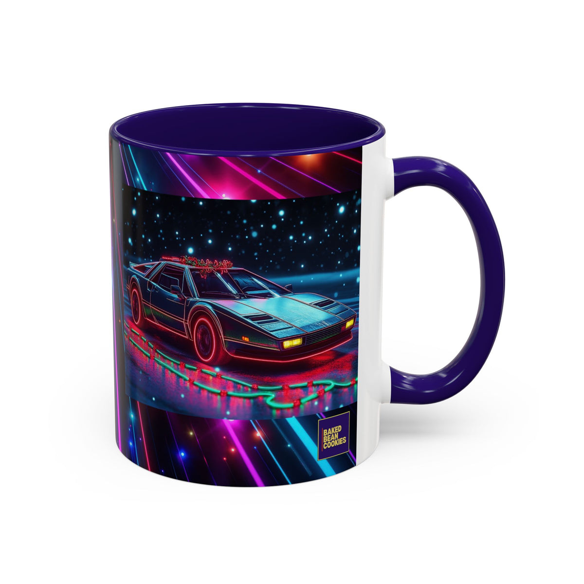 Christmas Retro Neon Sports Car Mug — 11oz/15oz Vaporwave Coffee Cup