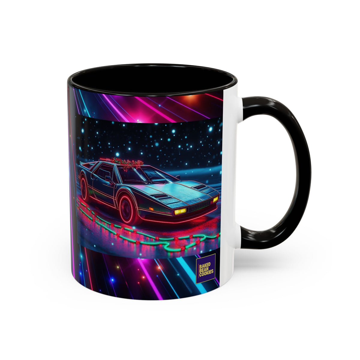 Christmas Retro Neon Sports Car Mug — 11oz/15oz Vaporwave Coffee Cup