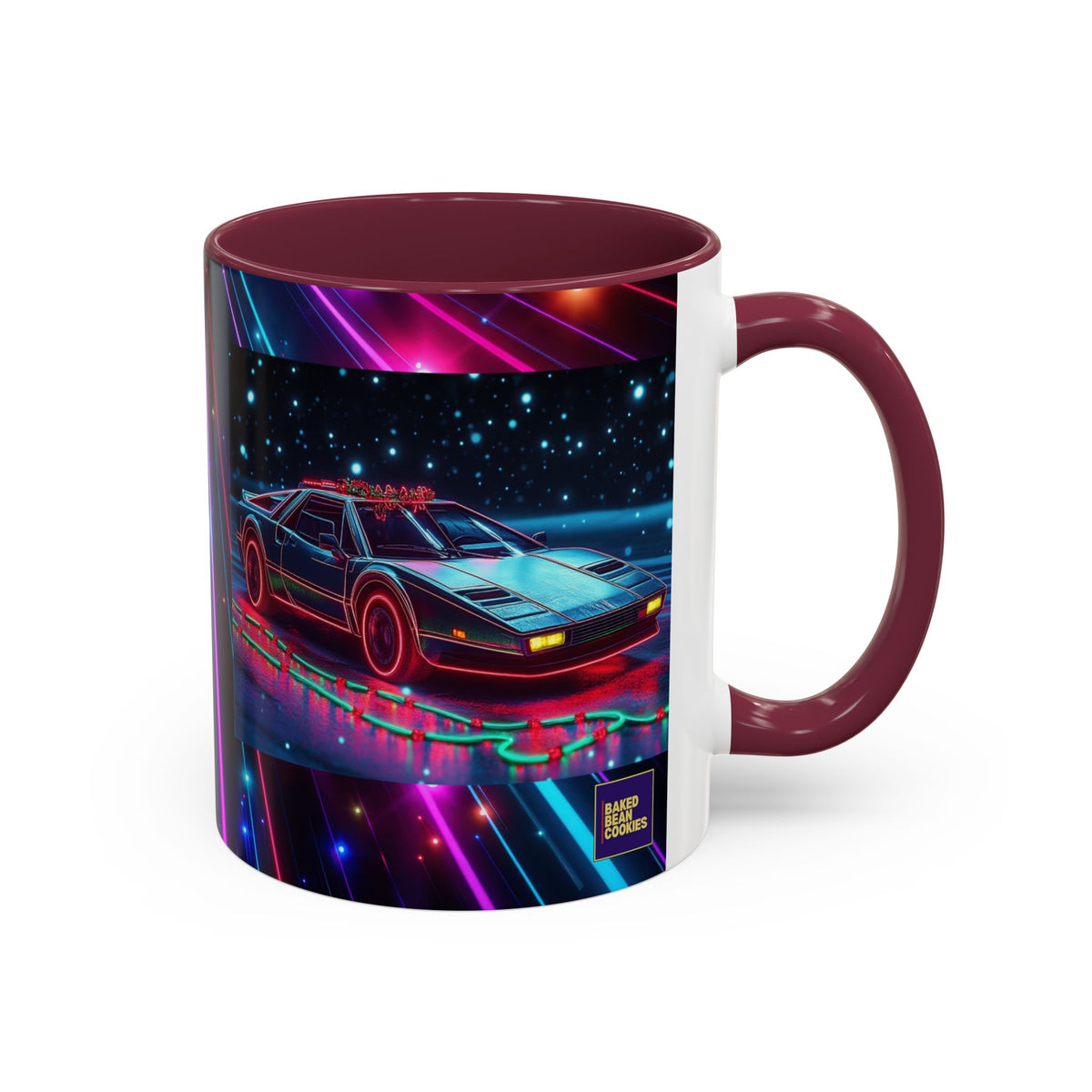 Christmas Retro Neon Sports Car Mug — 11oz/15oz Vaporwave Coffee Cup