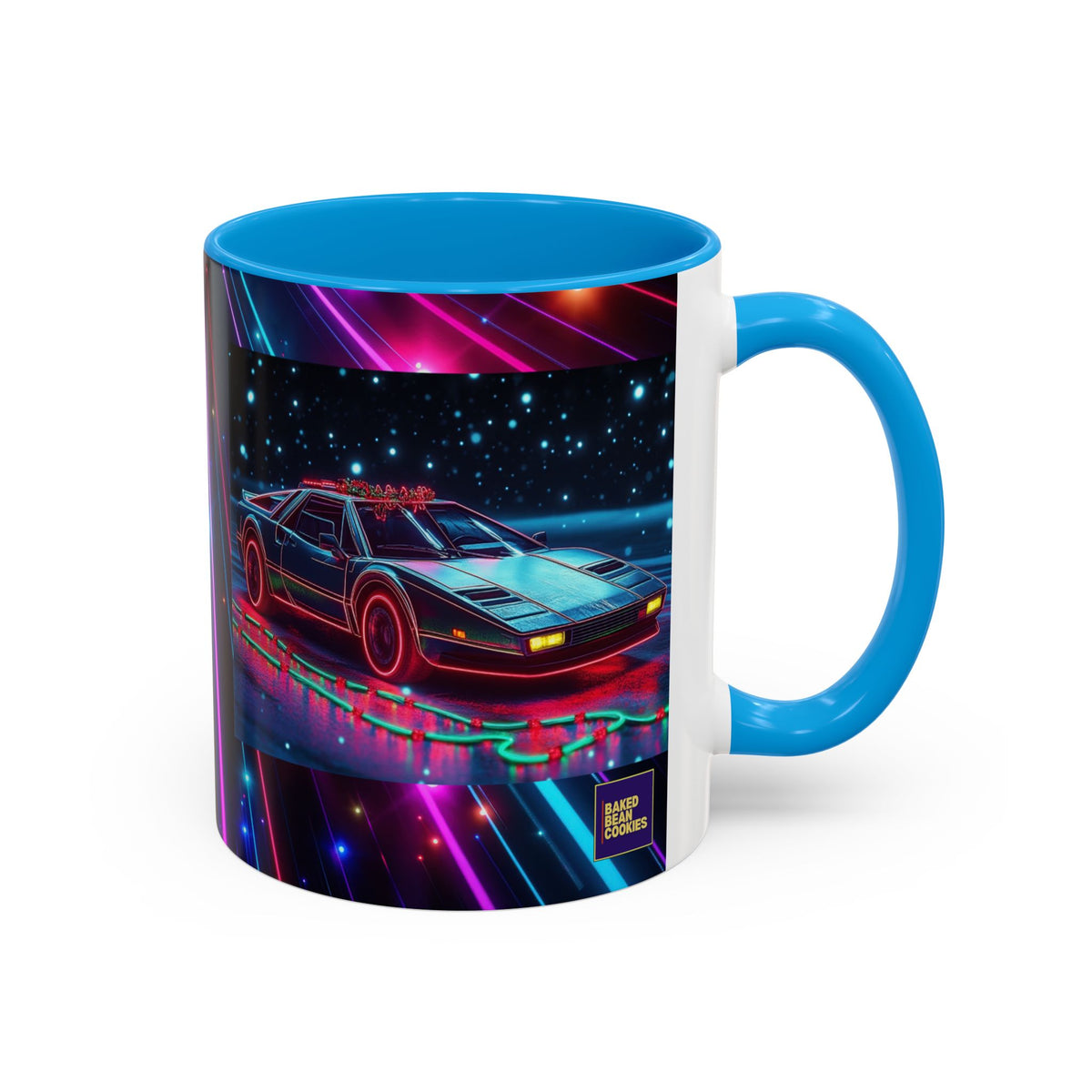 Christmas Retro Neon Sports Car Mug — 11oz/15oz Vaporwave Coffee Cup