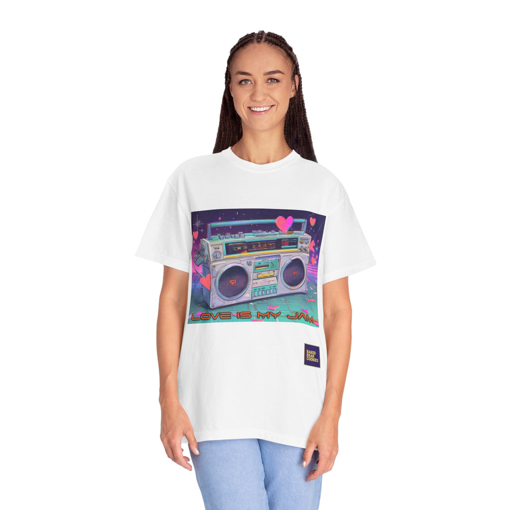 Boombox "Love is My Jam" T-Shirt — Retro Cassette Radio Graphic Tee