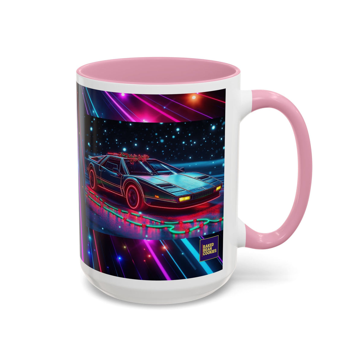 Christmas Retro Neon Sports Car Mug — 11oz/15oz Vaporwave Coffee Cup